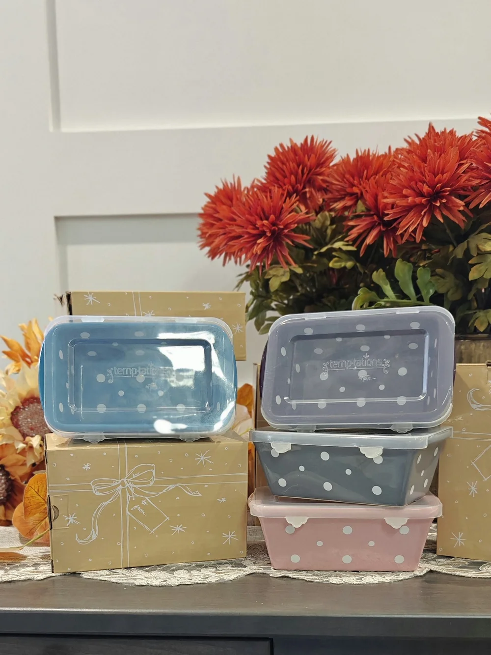 Temptations Polka Dot Stackable Food Storage Set - Purple, Pink, Gray, Blue S/4